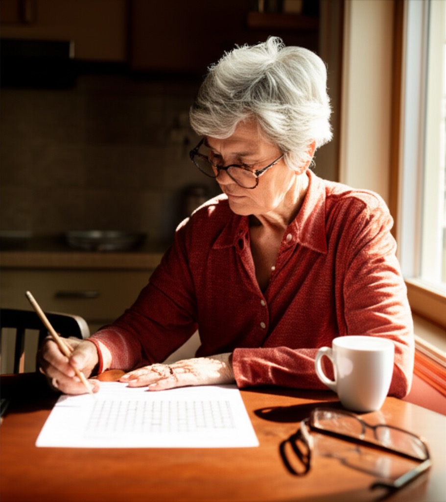 Senior hands solving brain exercise puzzle with morning coffee